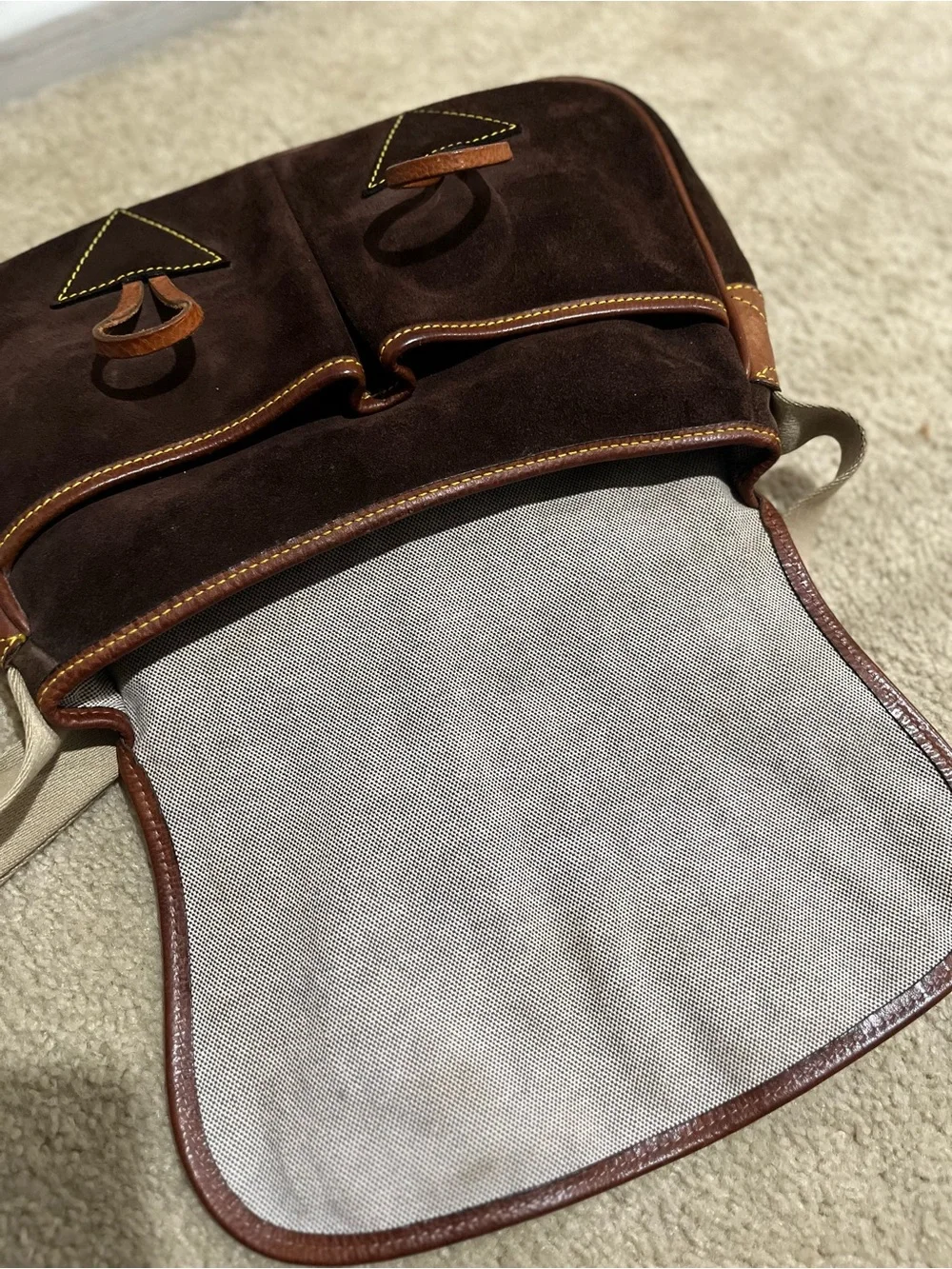 Vintage Dooney & Bourke Dark Brown Suede Crossbody with Tan Leather Accents - Picture 9 of 16